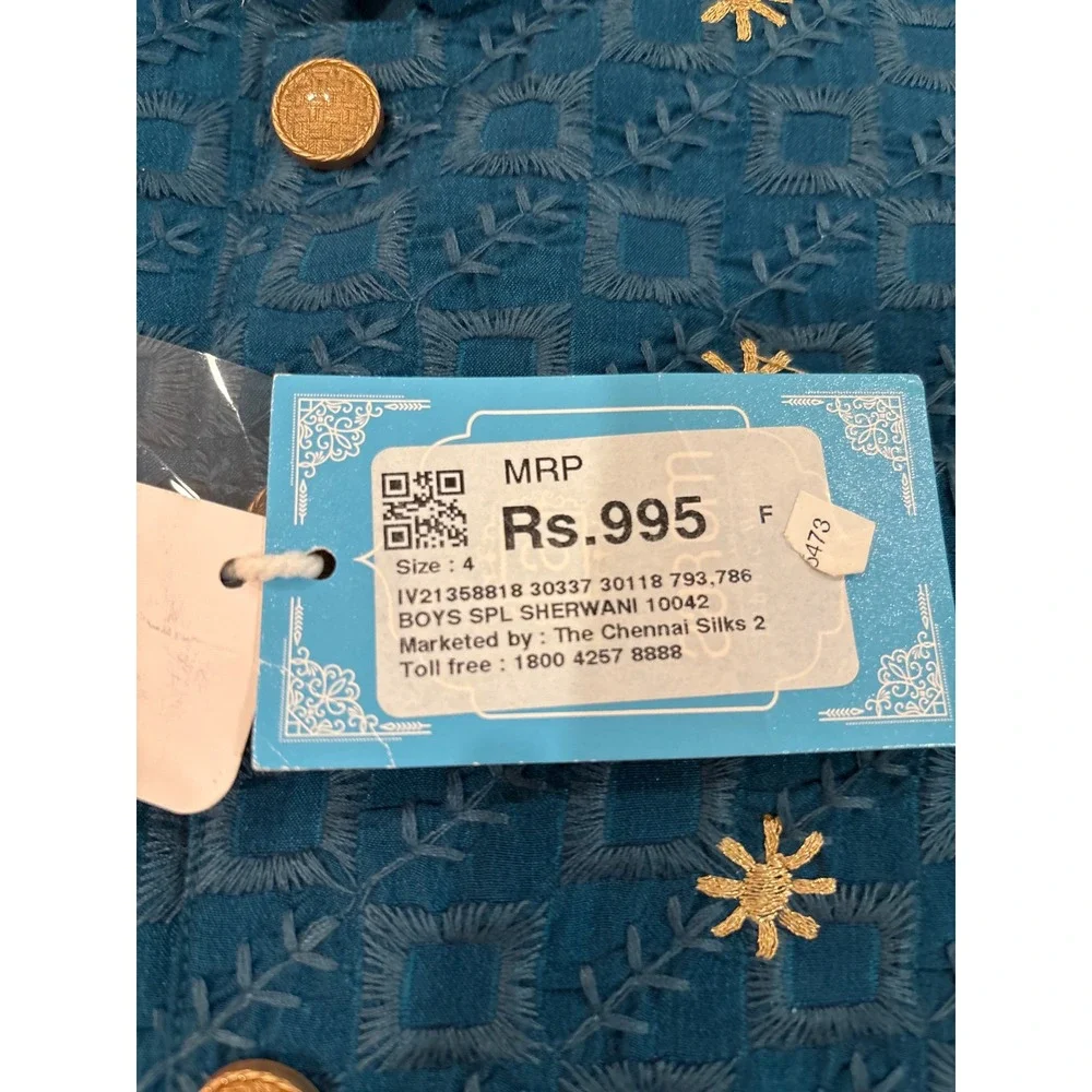 Aarom Ethnic Wear Boys Teal Blue Embroidered Sherwani Vest Waistcoat Size 4 NWT